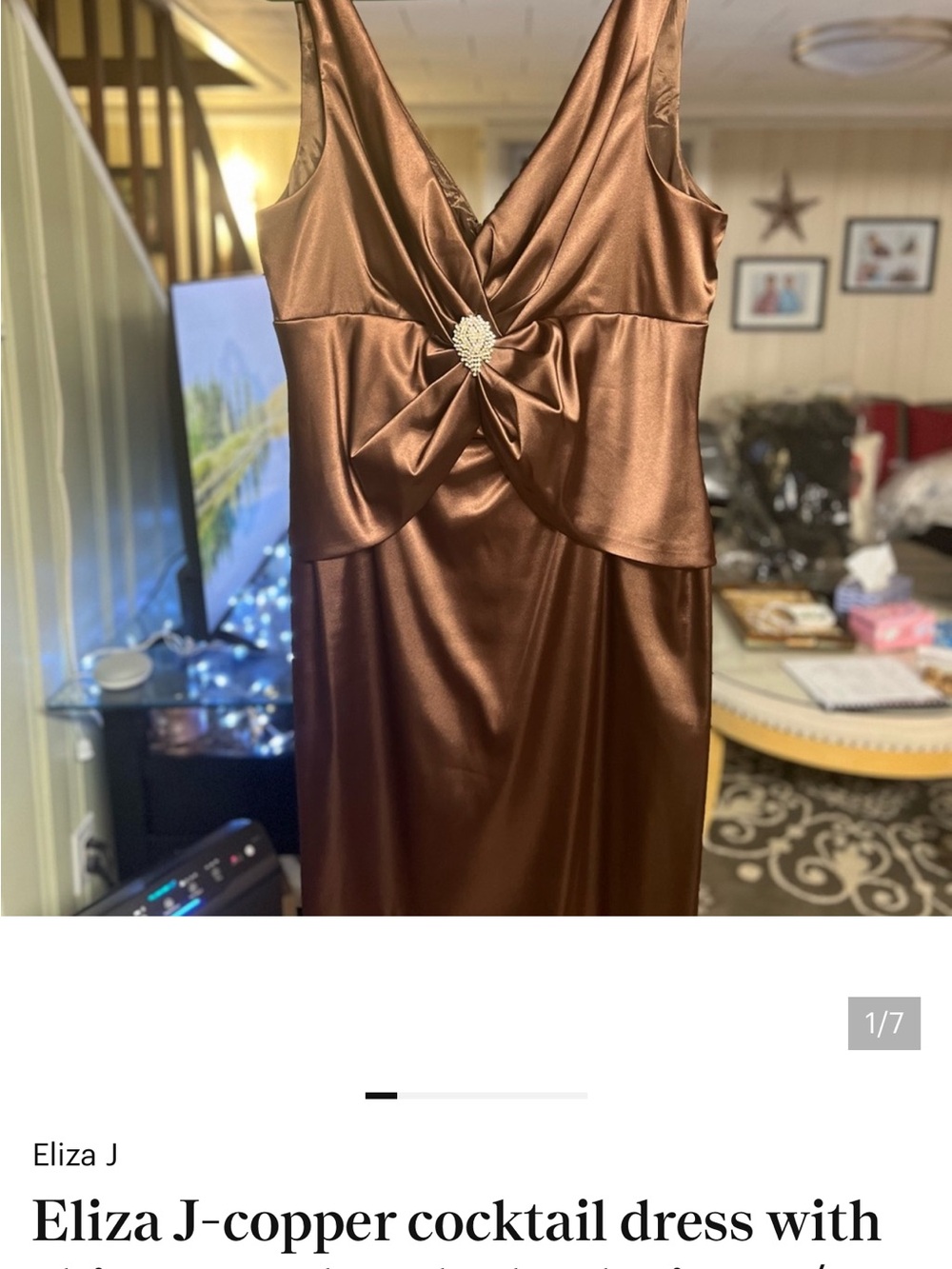 Eliza J Copper-Brown Satin Midi Dress with Center Rhinestone Brooch
